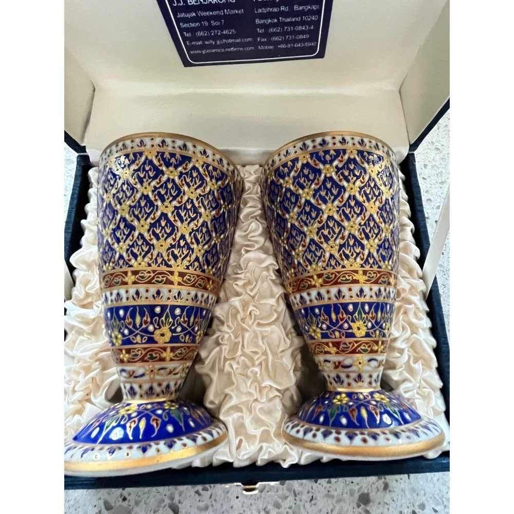 Benjarong Thai Hand Painted Porcelain Goblets Set 2 Blue Gold Enamel Silk Box